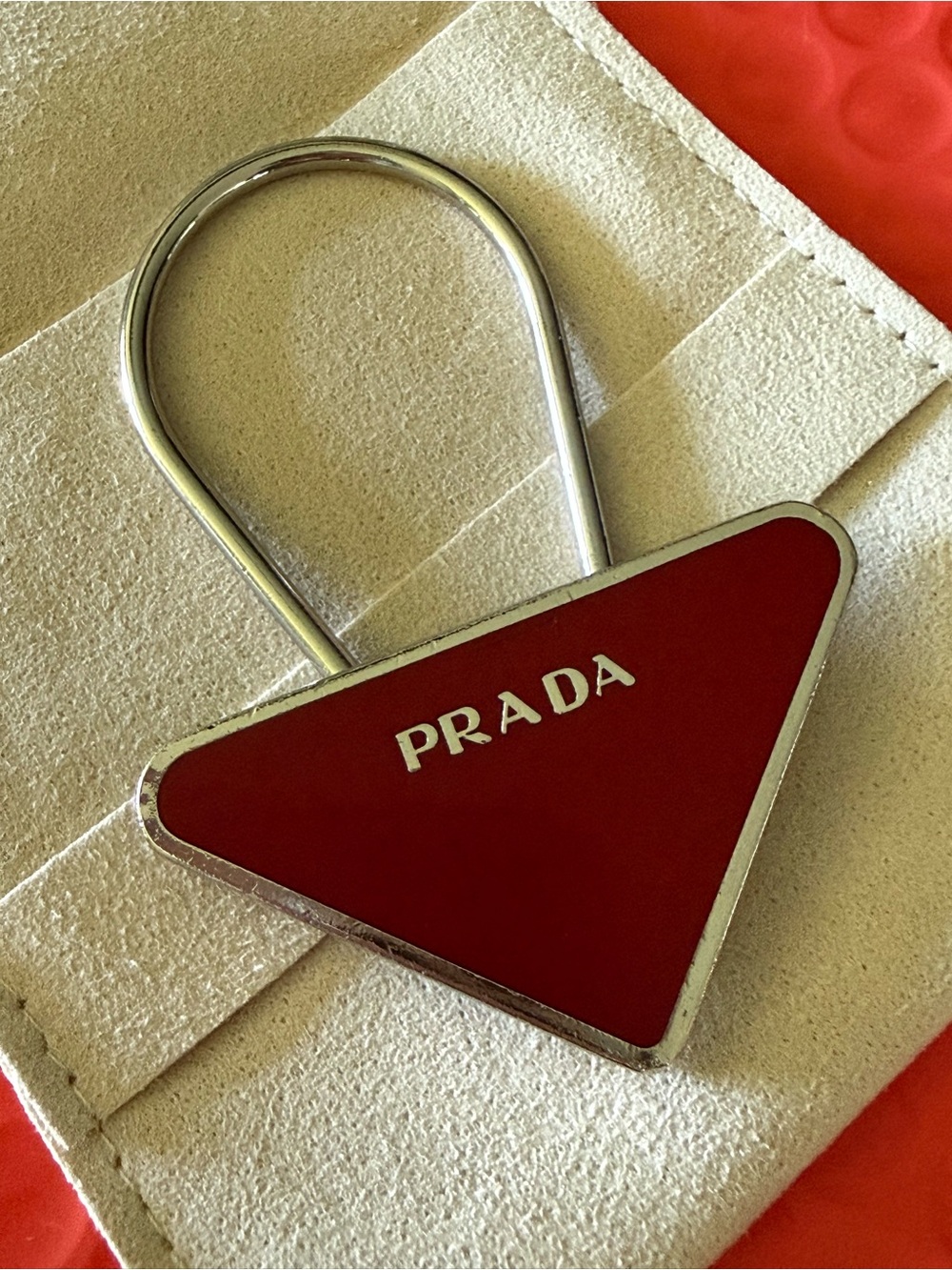 Prada Red Triangle Logo Keyring Charm with Silver Hardware